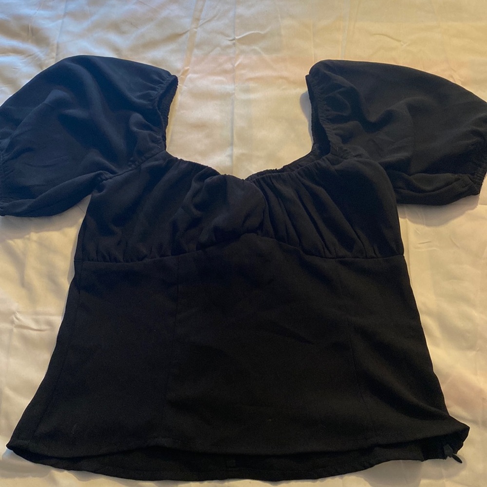 ModCloth Classic Black Puff Sleeve Corset-Style Blouse